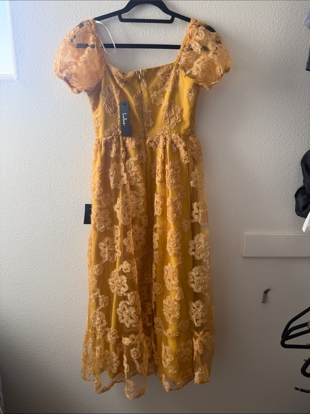 Lulu's Yellow Floral Lace Midi Dress with Puff Sleeves - Picture 3 of 3